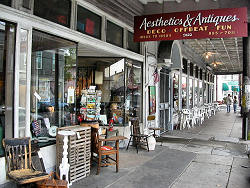 view down street of antique shops