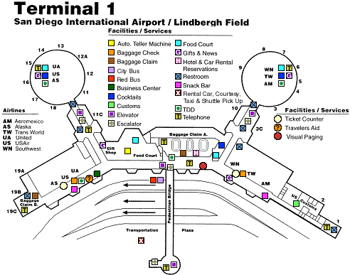 Map of Terminal 1 of San Diego Airport