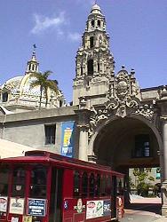 Balboa Park tower and trolley San Diego