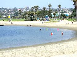 Mission bay beach with San Diego in background